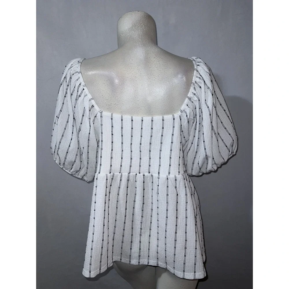 Madewell Top Womens Size XL White Black Square Neck Puff-Sleeve Stripe Shirt